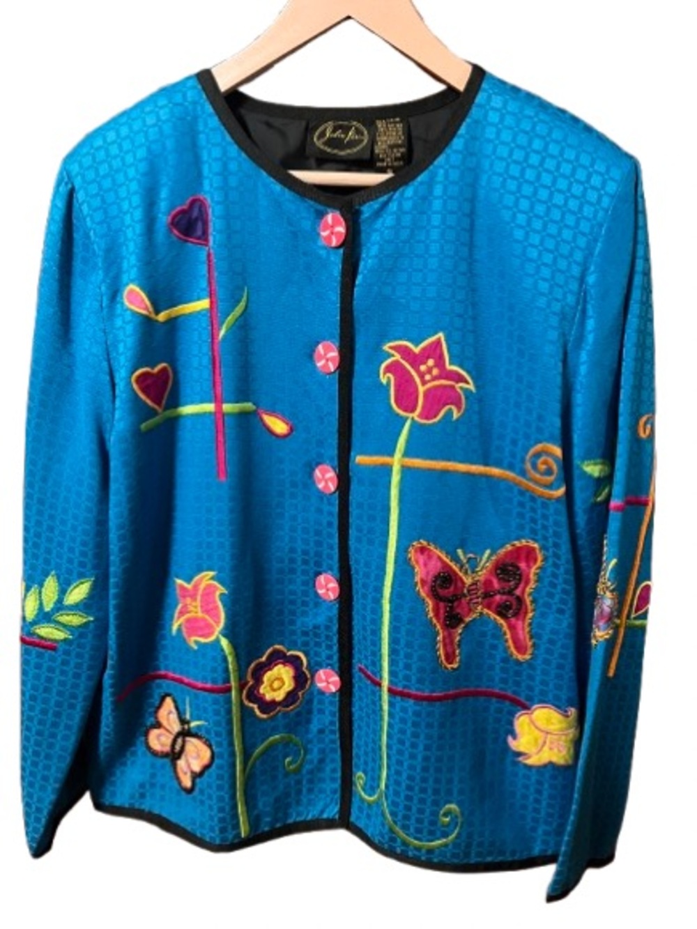 Julia Kim Vintage 90’s Blue Embroidered Floral Butterfly Jacket Size Small